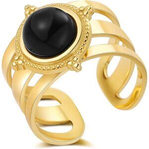 Black Onyx Ring 18K Gold Plated Statement Rings Vintage Open Cuff
